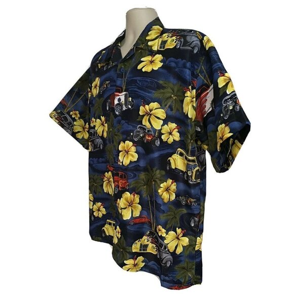 Ferugini Other - Ferugini Blue Hawaiian Floral Classic Hot Rod Cars Button Front Shirt 2XL XXL
